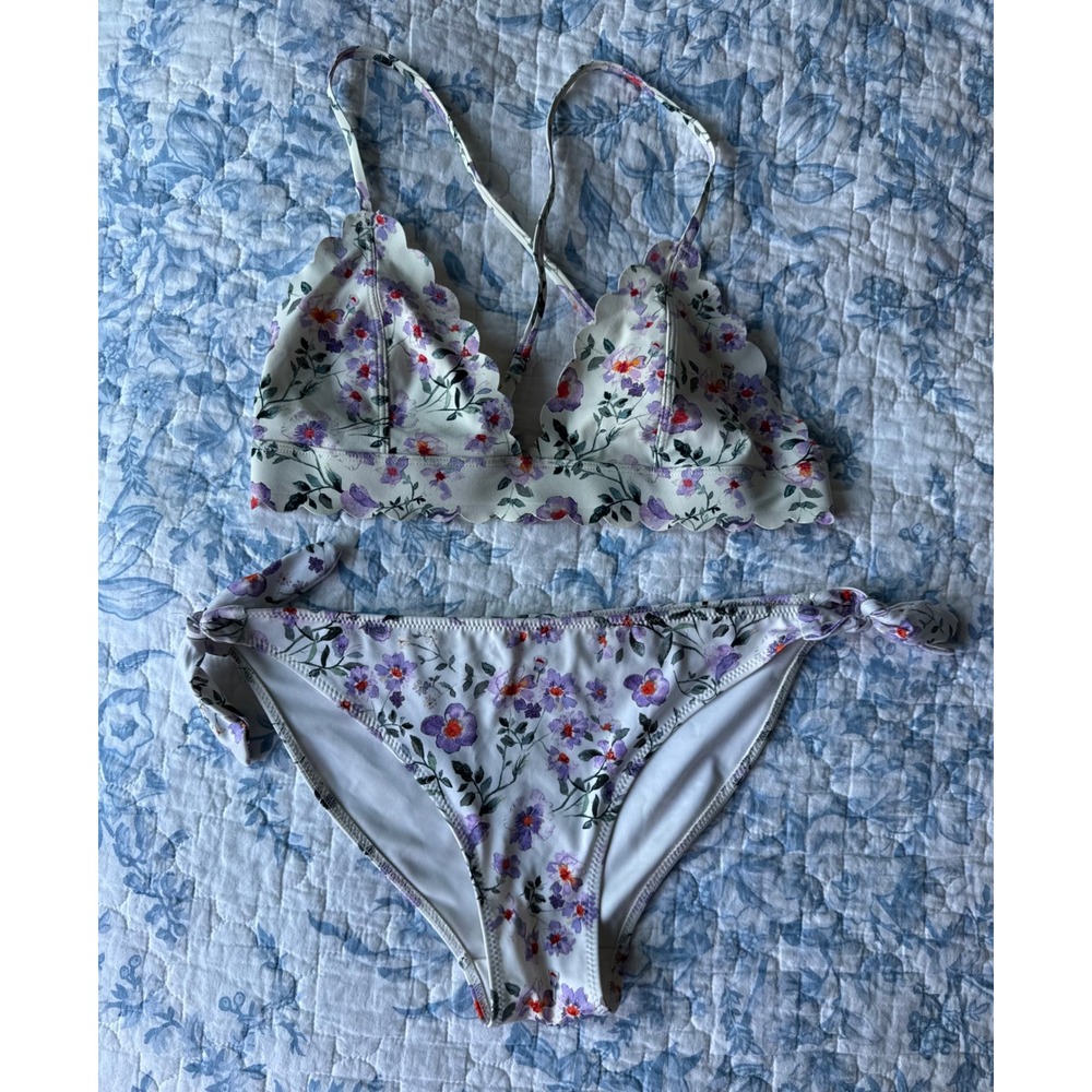 H&M Floral Scalloped Bikini Set Purple White Side Tie Swimsuit Small/Medium